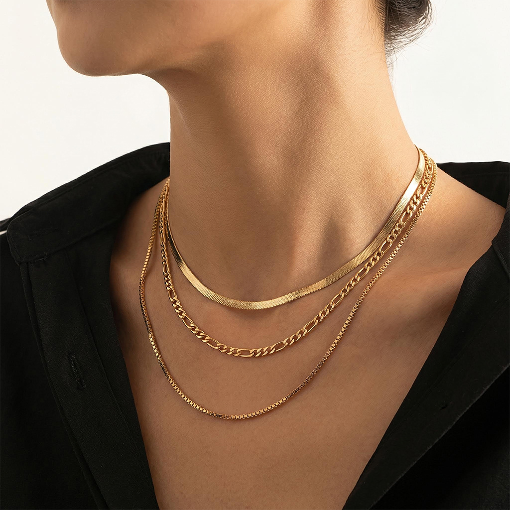 Snake Chain Twisted Rope Chain Figaro Chain Layered Necklace Gold - Image 6