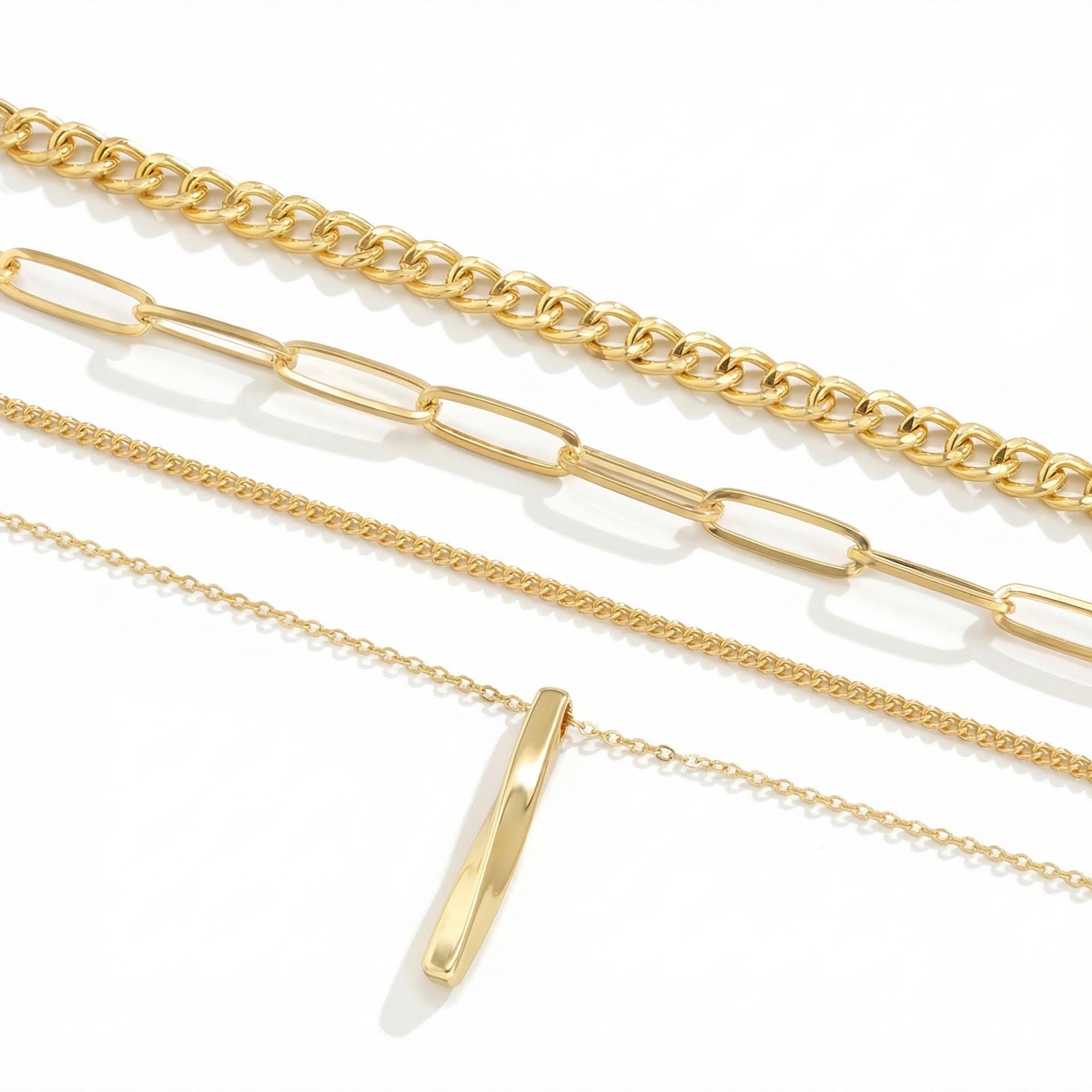 Twisted Rectangular Pendant Multilayer Chain Necklace Gold - Image 3