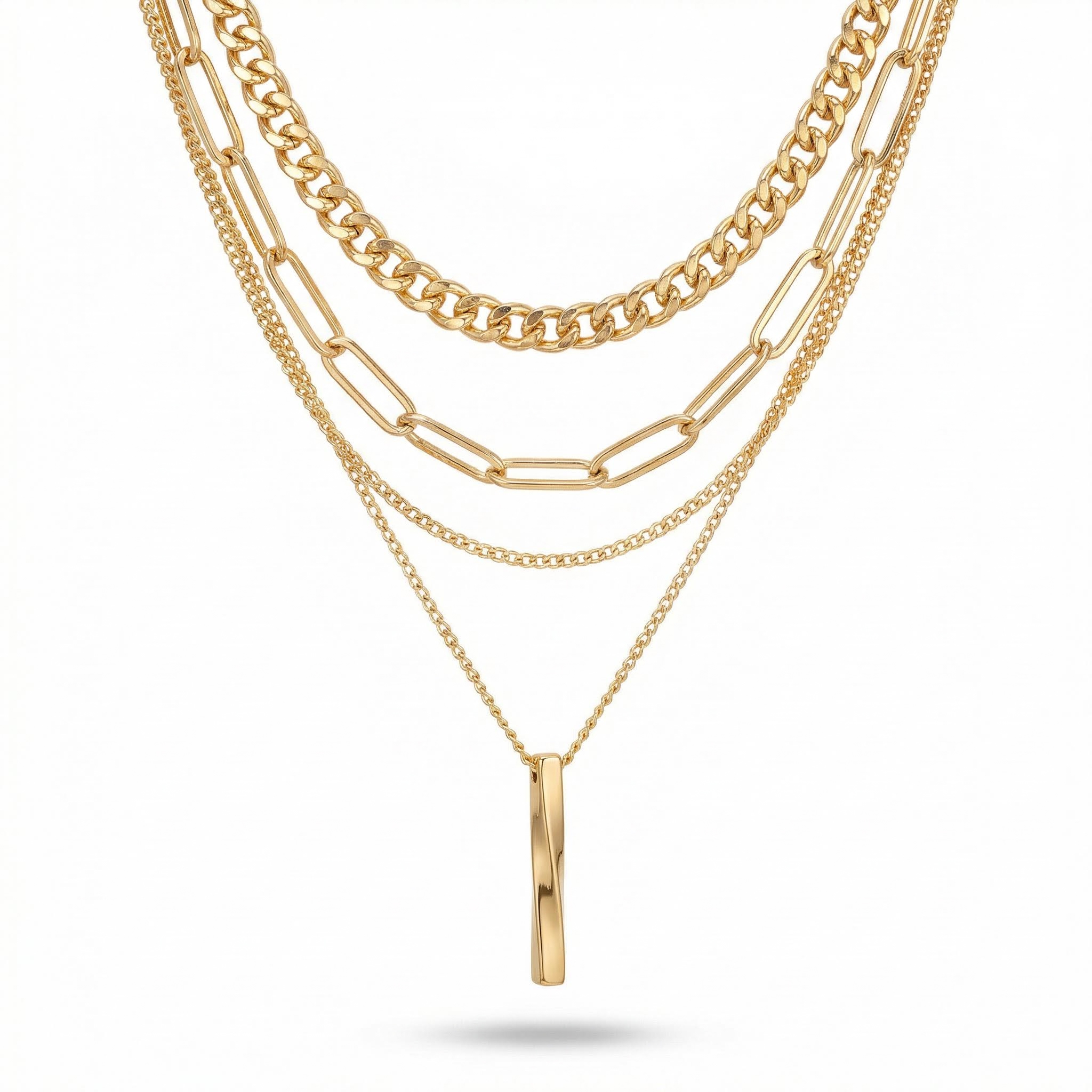 Twisted Rectangular Pendant Multilayer Chain Necklace Gold