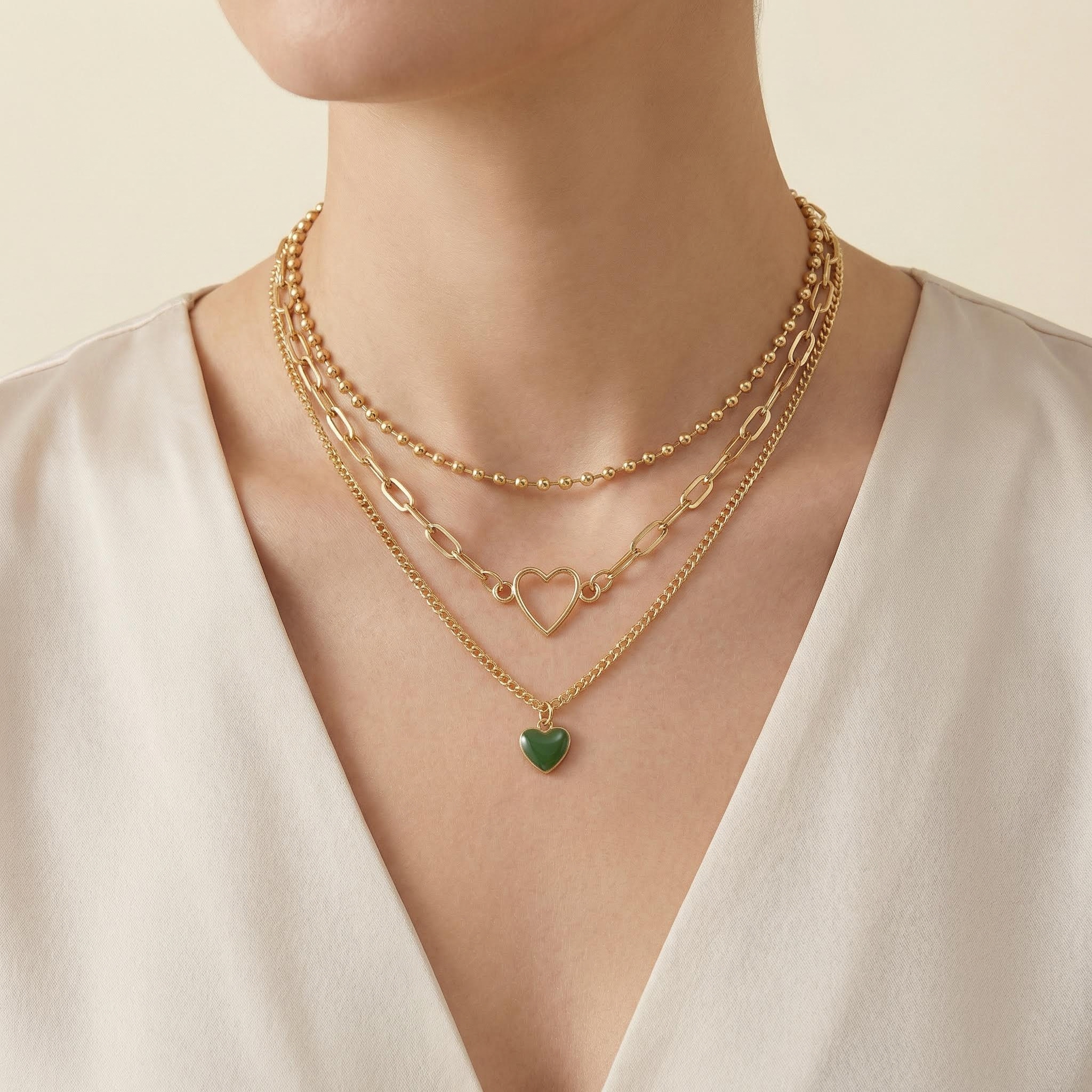 3pcs Heart Pendant Beaded Chain Layered Necklace With Street Luxury Shine - Image 3
