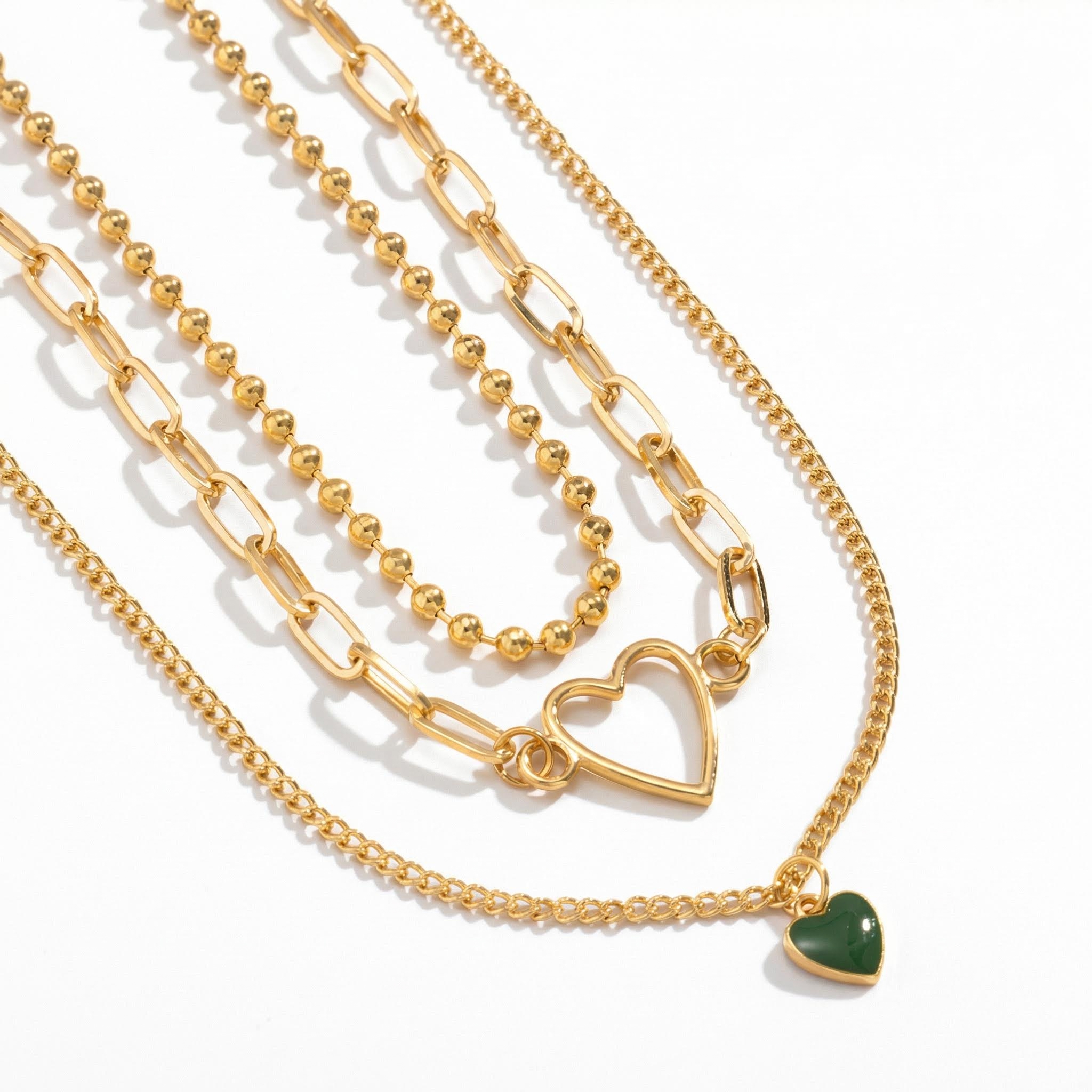 3pcs Heart Pendant Beaded Chain Layered Necklace With Street Luxury Shine - Image 4