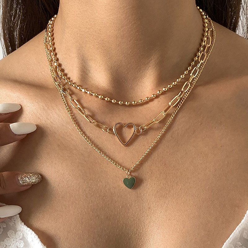 3pcs Heart Pendant Beaded Chain Layered Necklace With Street Luxury Shine - Image 8