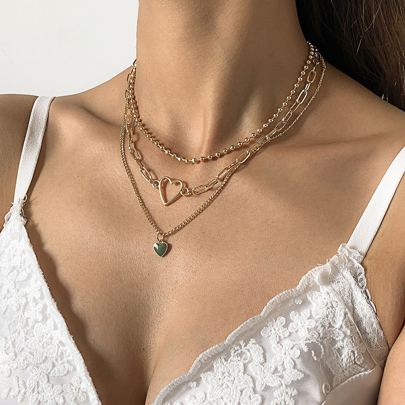 3pcs Heart Pendant Beaded Chain Layered Necklace With Street Luxury Shine - Image 9