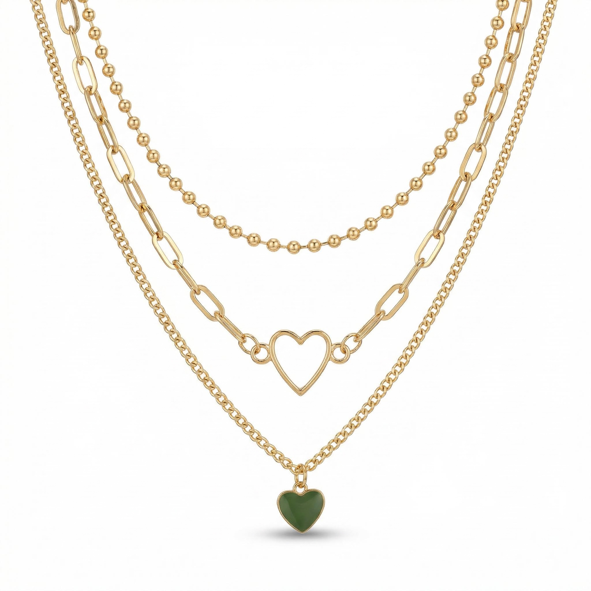 3pcs Heart Pendant Beaded Chain Layered Necklace With Street Luxury Shine