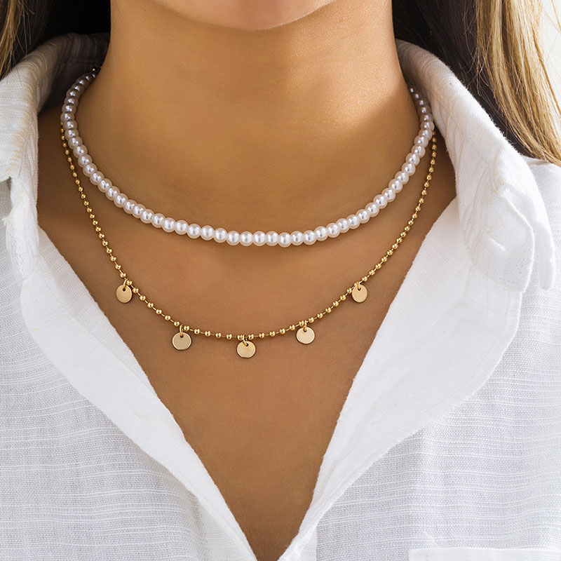 Round Sequins Pearl Chain Necklace Set Gold With Street Luxury Shine - Image 3