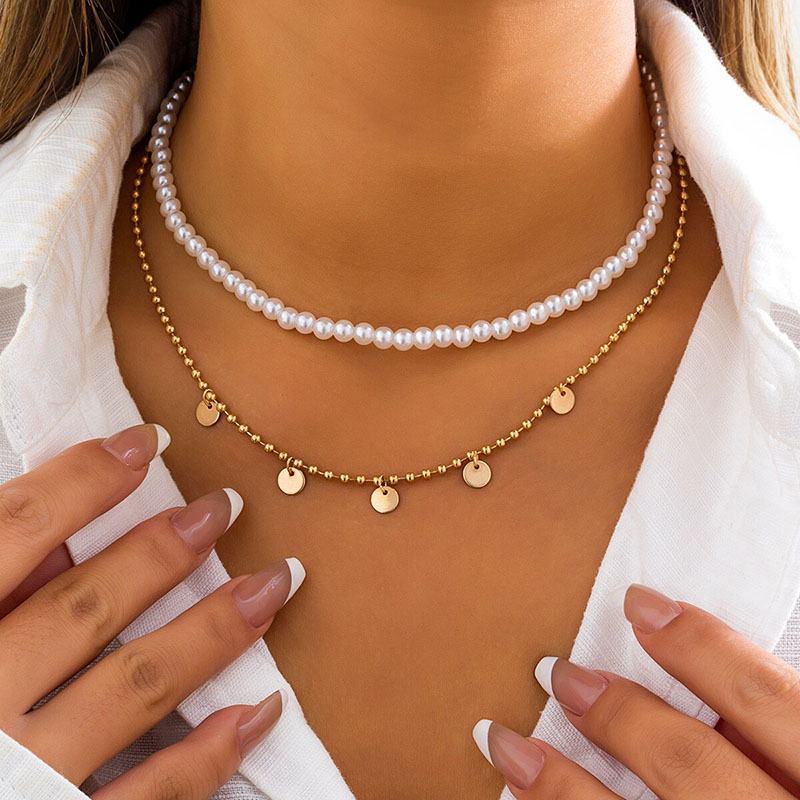 Round Sequins Pearl Chain Necklace Set Gold With Street Luxury Shine - Image 7