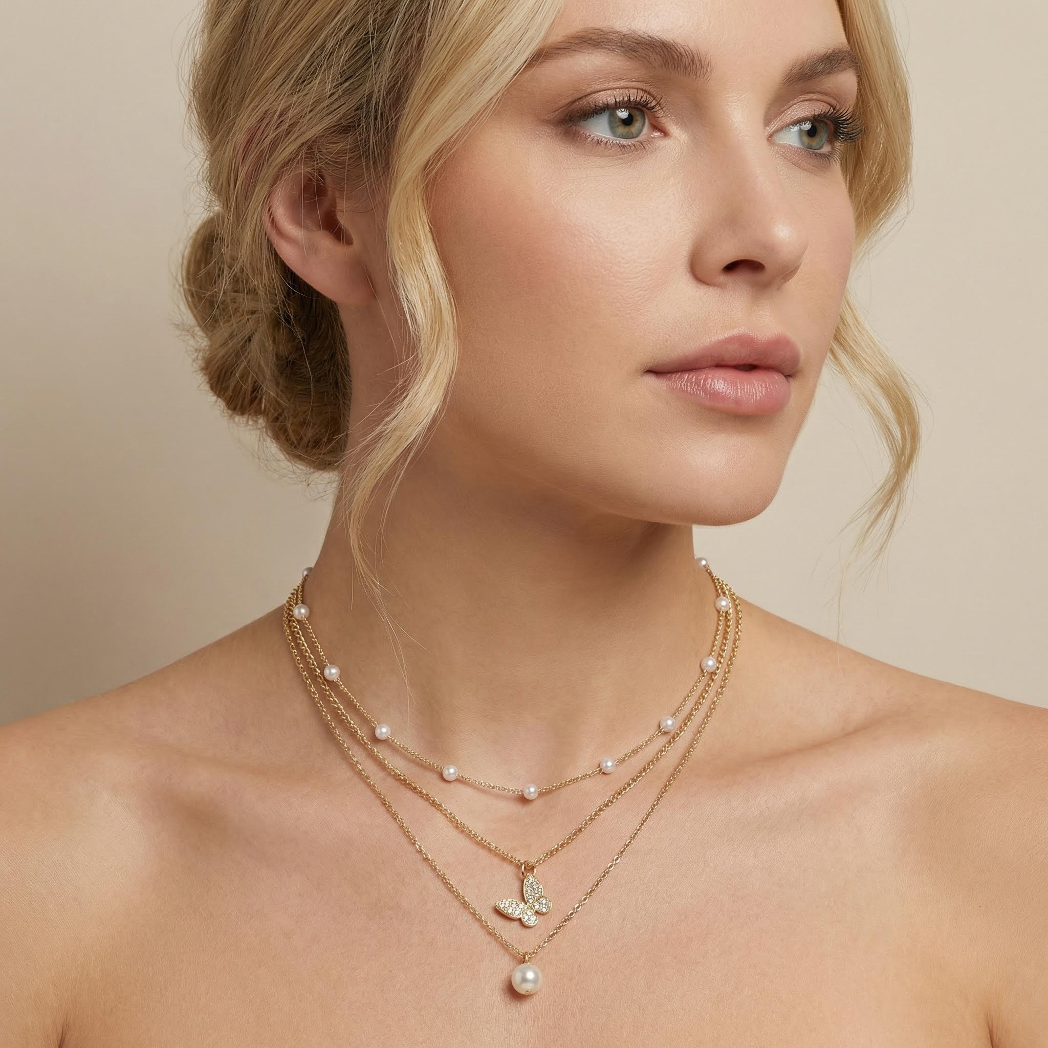 Butterfly Pearl Charm Beaded Chain Necklace Set With Street Luxury Shine - Image 3
