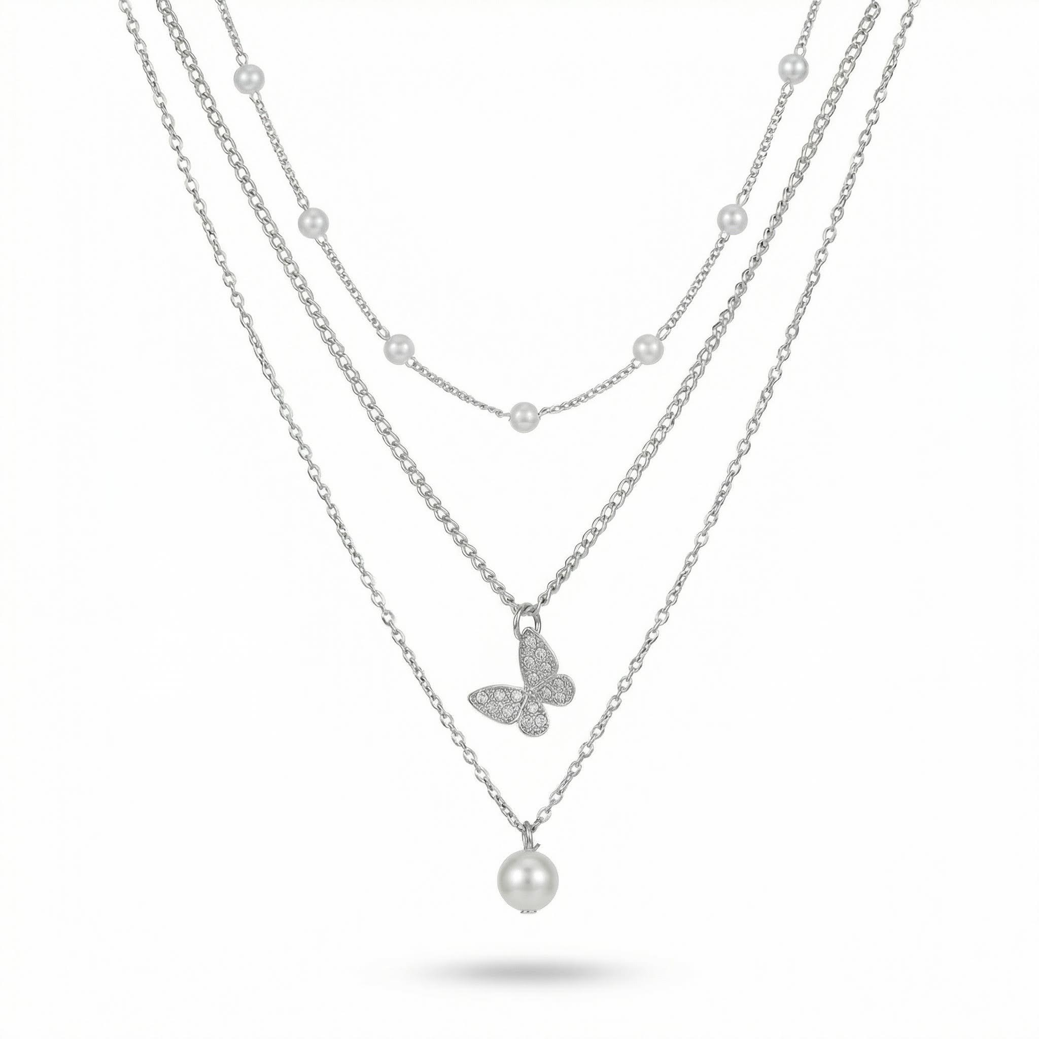 Butterfly Pearl Charm Beaded Chain Necklace Set With Street Luxury Shine - Image 4