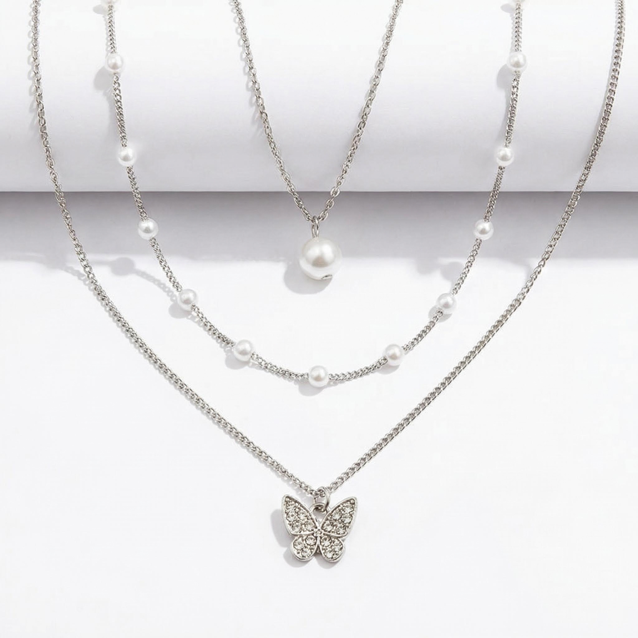 Butterfly Pearl Charm Beaded Chain Necklace Set With Street Luxury Shine - Image 5