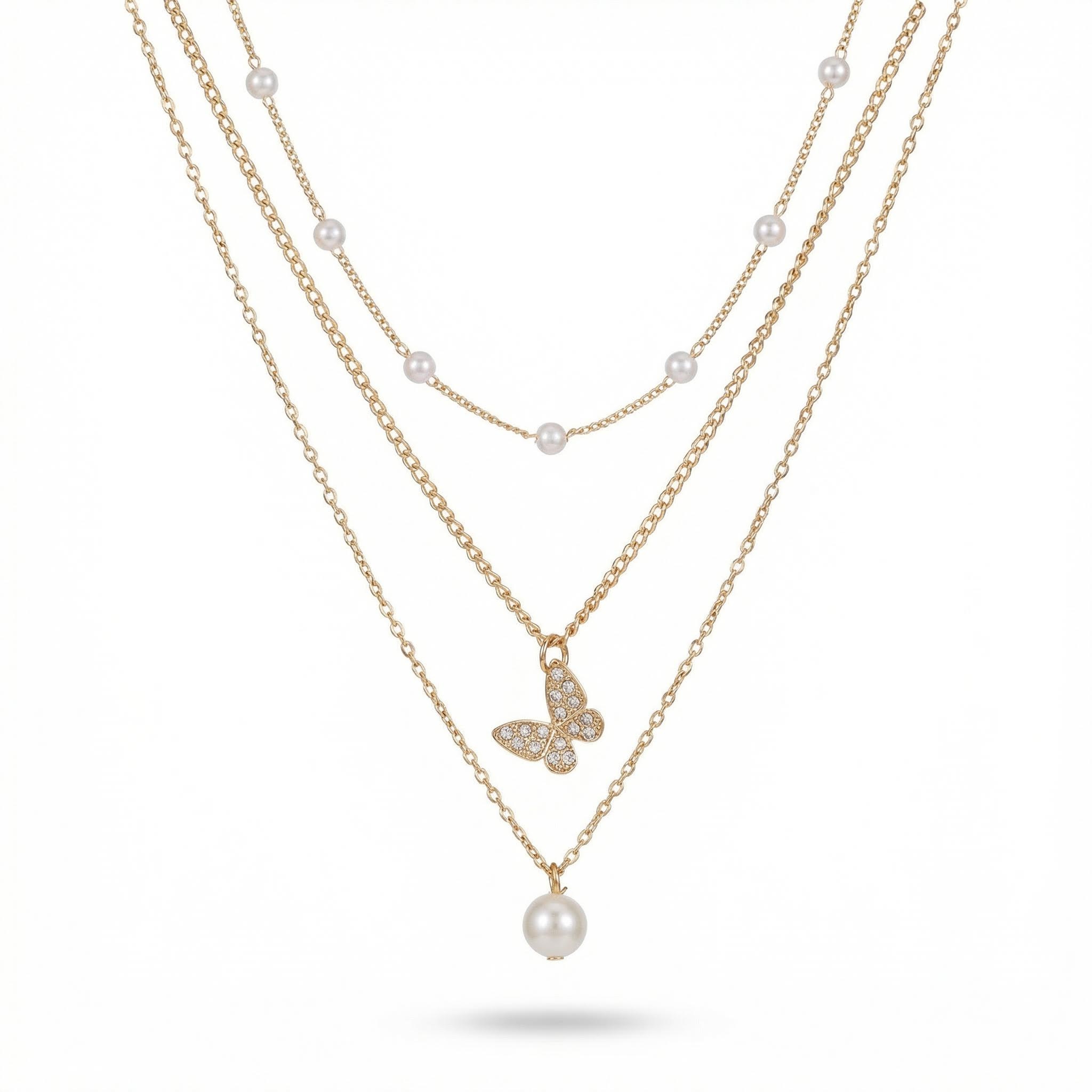 Butterfly Pearl Charm Beaded Chain Necklace Set With Street Luxury Shine