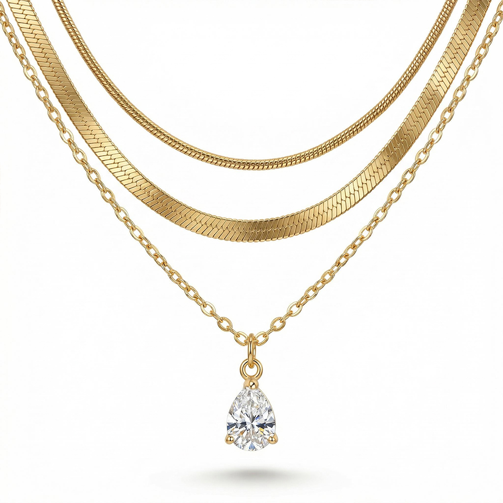 Waterdrop Crystal Charm Snake Chain Necklace Set With Street Luxury Shine