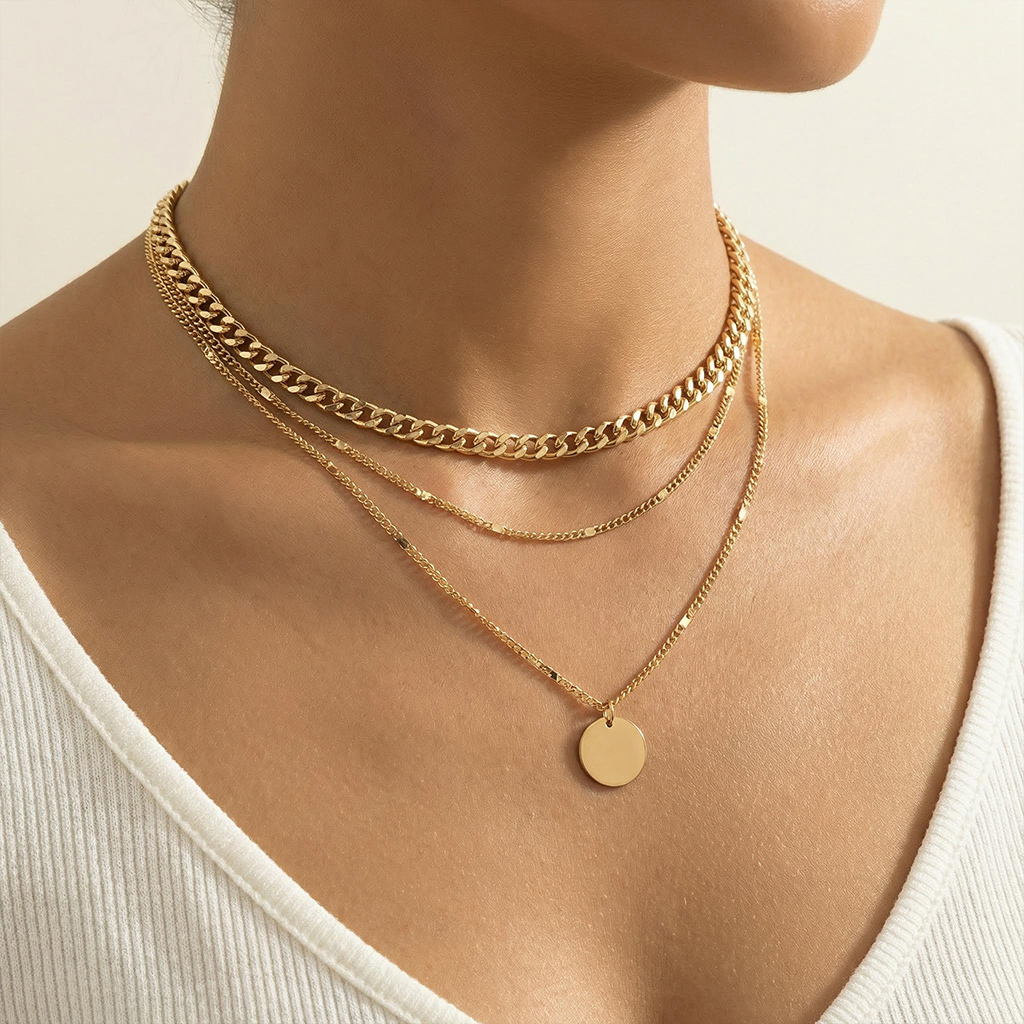 Round Pendant Sunburst Cuban Chain Layered Necklace Gold - Image 3
