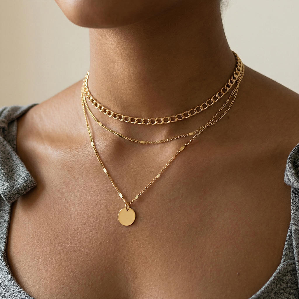 Round Pendant Sunburst Cuban Chain Layered Necklace Gold - Image 4