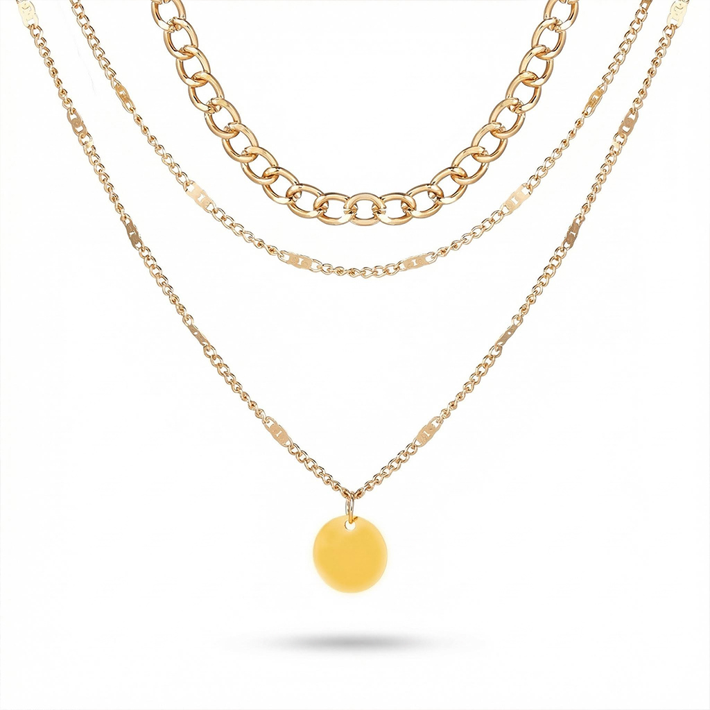 Round Pendant Sunburst Cuban Chain Layered Necklace Gold