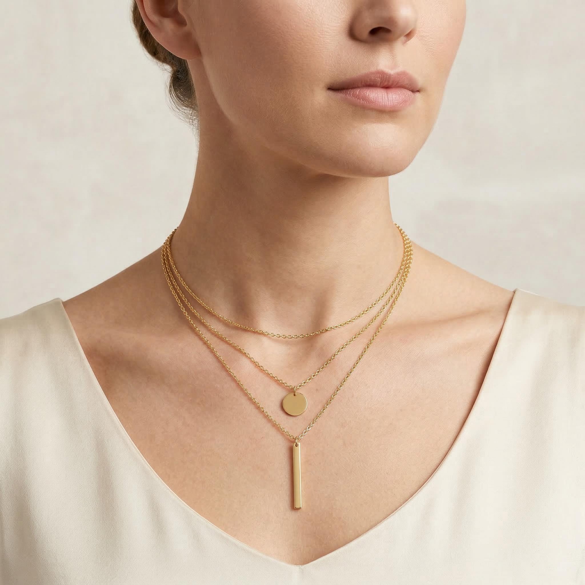 Round Pendant Bead Chain Layered Necklace Gold With Street Luxury Shine - Image 4