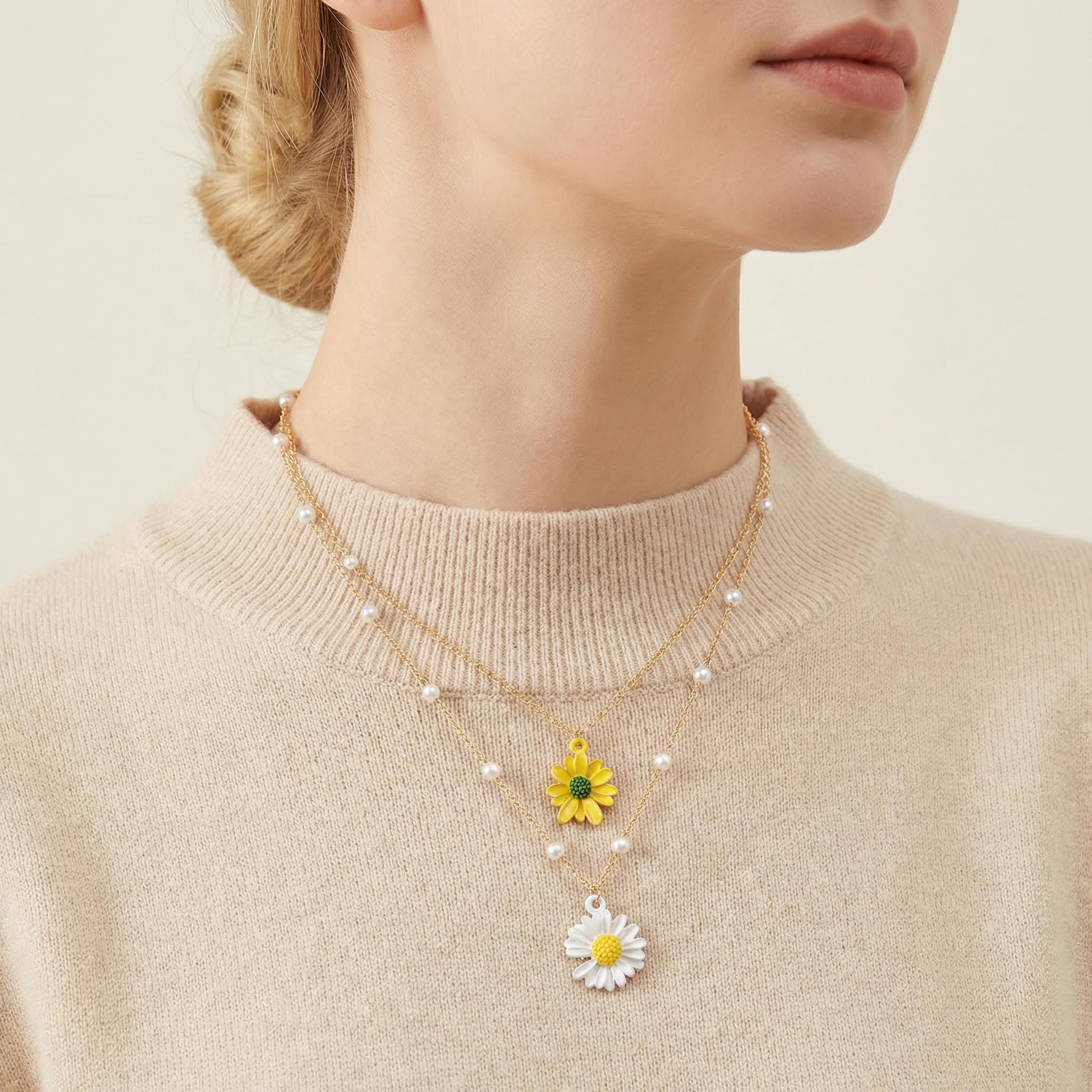 Daisy Pearl Beaded Chain Layered Necklace Gold With Street Luxury Shine - Image 3