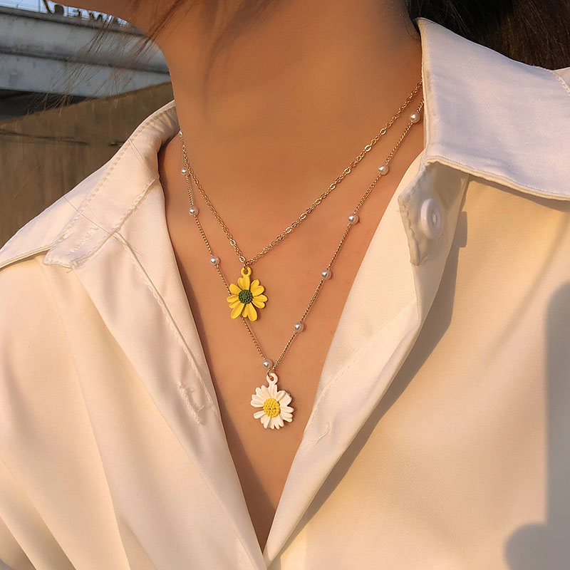 Daisy Pearl Beaded Chain Layered Necklace Gold With Street Luxury Shine - Image 8