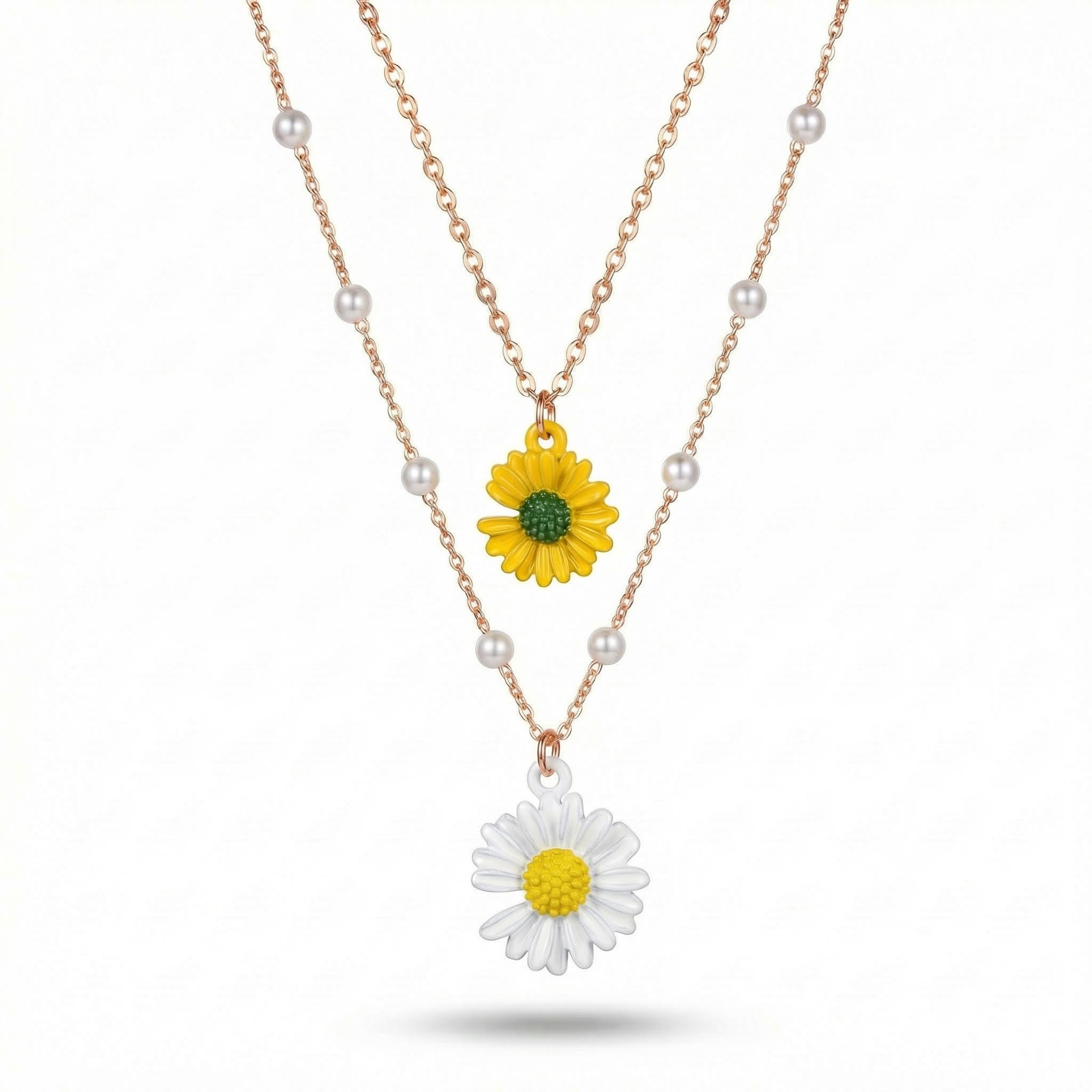 Daisy Pearl Beaded Chain Layered Necklace Gold With Street Luxury Shine