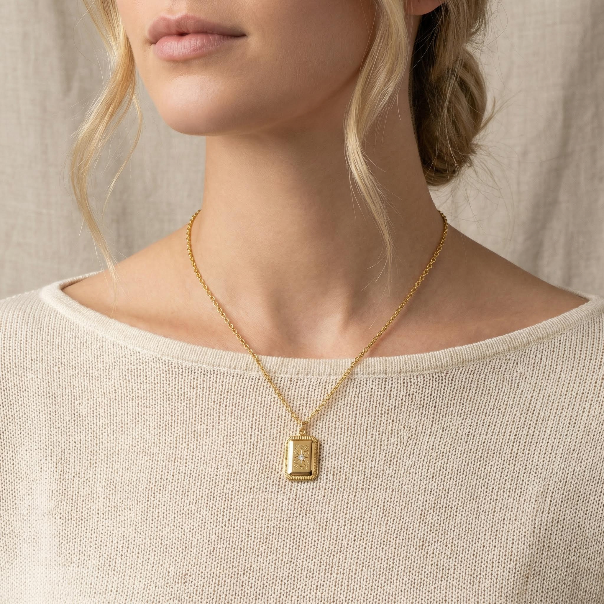 Octagram Embossed Stainless Steel Square Necklace With Street Luxury Shine - Image 3
