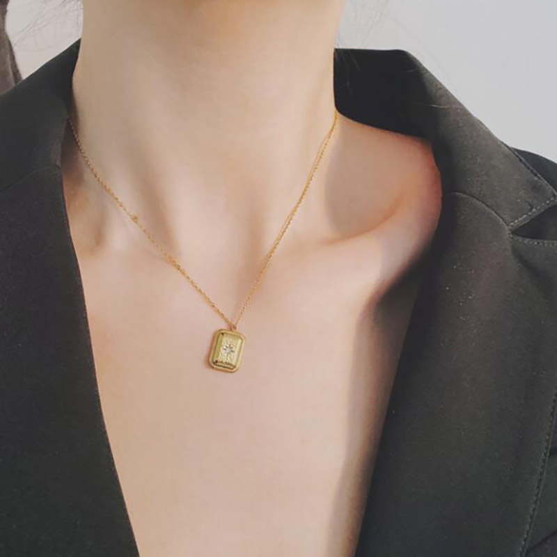 Octagram Embossed Stainless Steel Square Necklace With Street Luxury Shine - Image 7