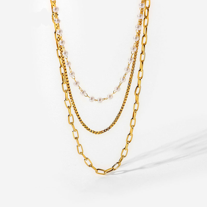 Small Pearl Chain Three-layer Necklace Silver With Street Luxury Shine - Image 3