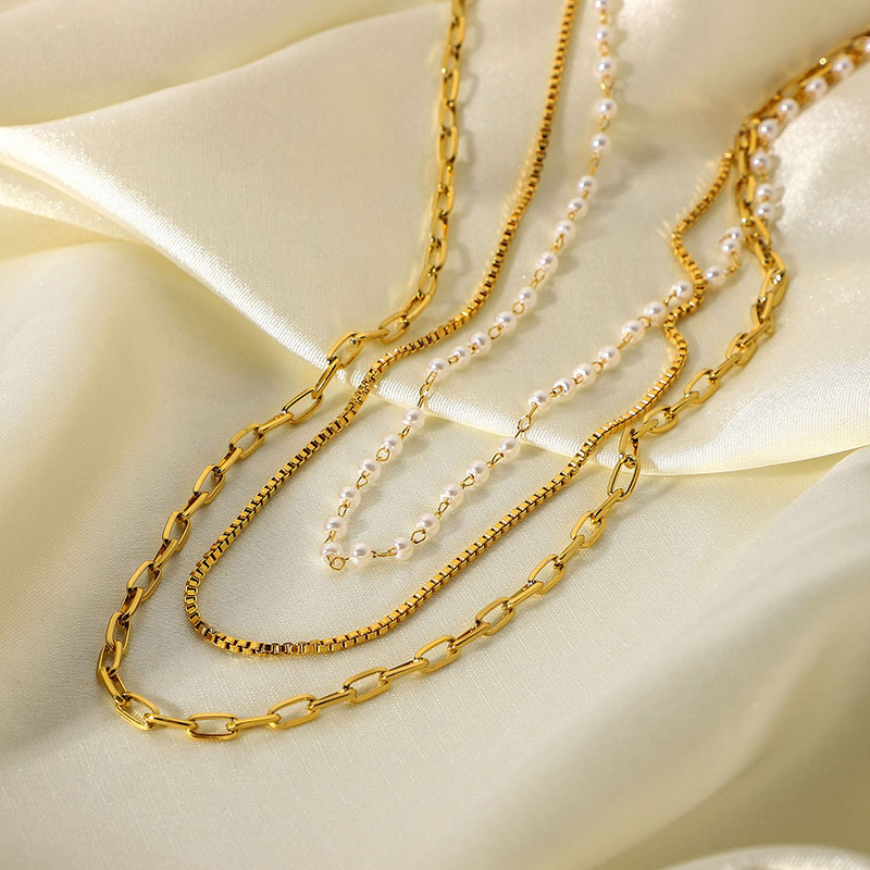 Small Pearl Chain Three-layer Necklace Silver With Street Luxury Shine - Image 4