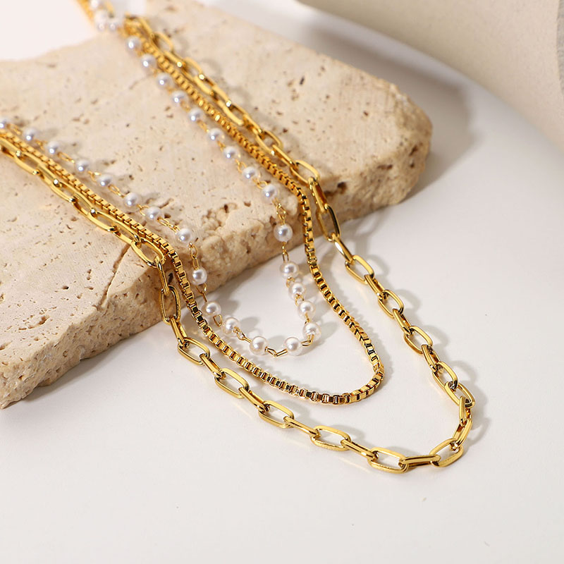 Small Pearl Chain Three-layer Necklace Silver With Street Luxury Shine - Image 5