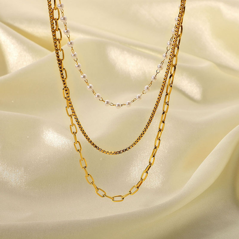 Small Pearl Chain Three-layer Necklace Silver With Street Luxury Shine