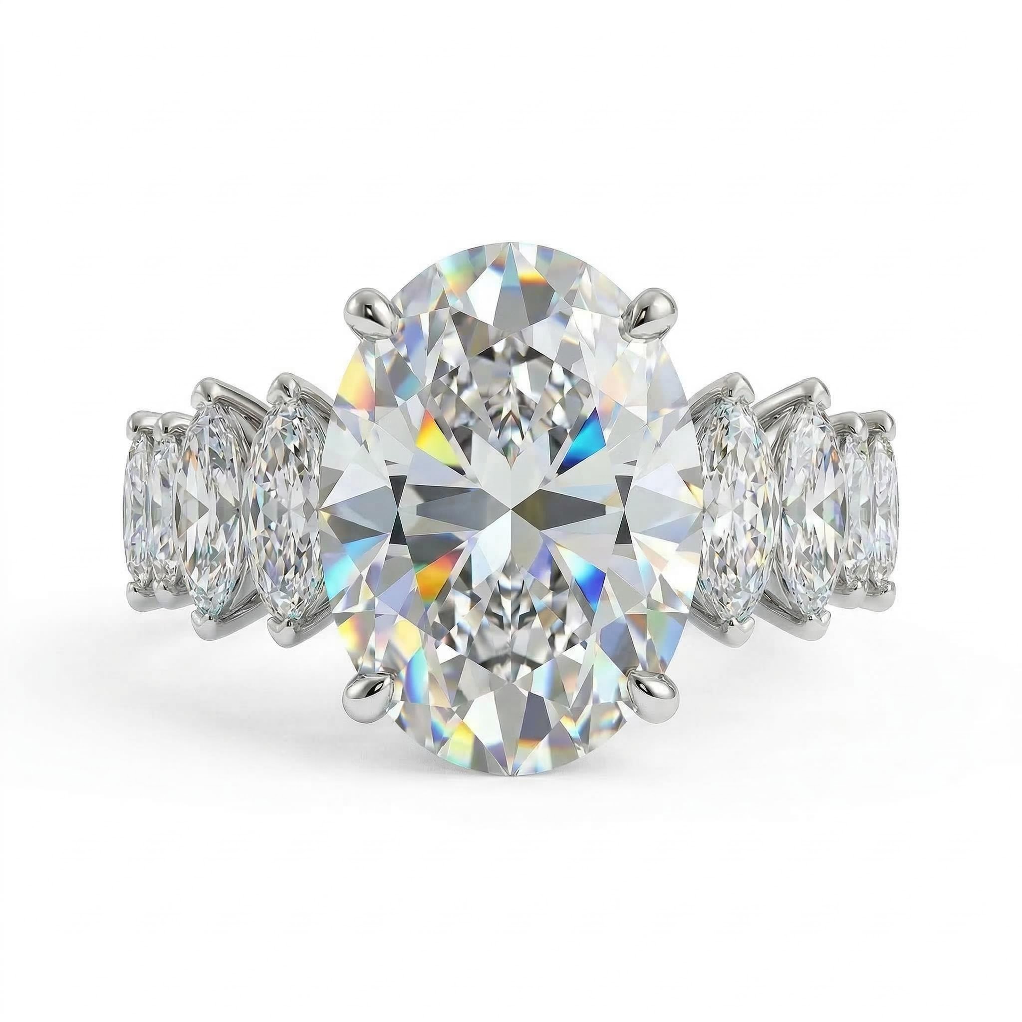 3.5 Ct Brilliant Oval Cut With Marquise Shape Side Stones Ring Gold