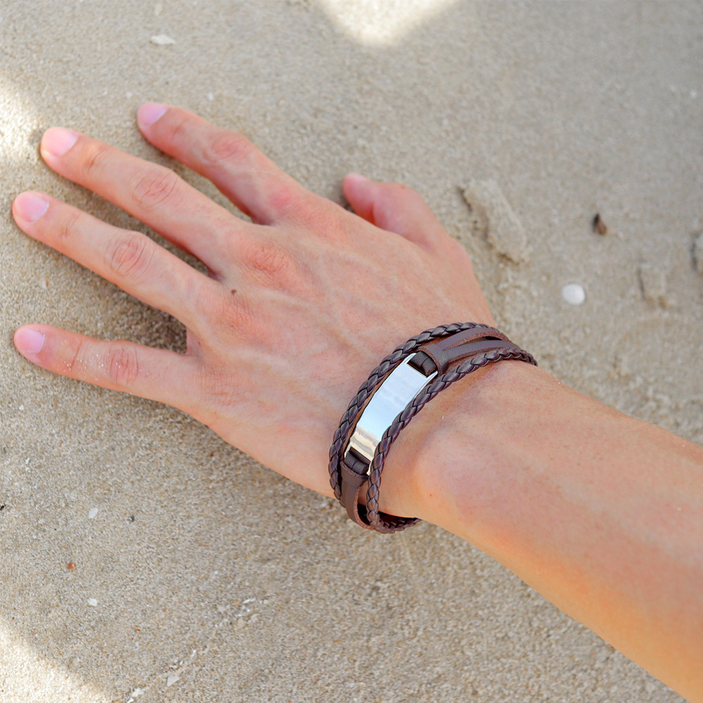 Bold Men's Personalized Engraved Bracelet In Braid Leather And Steel - Image 3