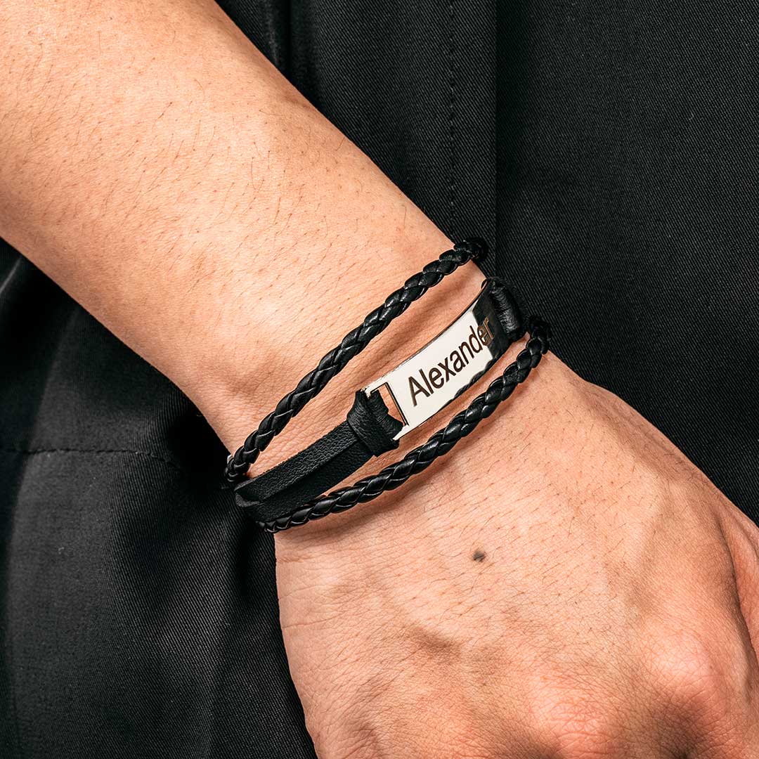 Bold Men's Personalized Engraved Bracelet In Braid Leather And Steel - Image 4