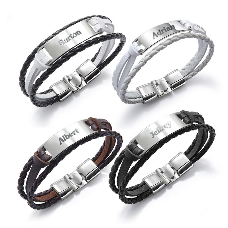 Bold Men's Personalized Engraved Bracelet In Braid Leather And Steel - Image 6