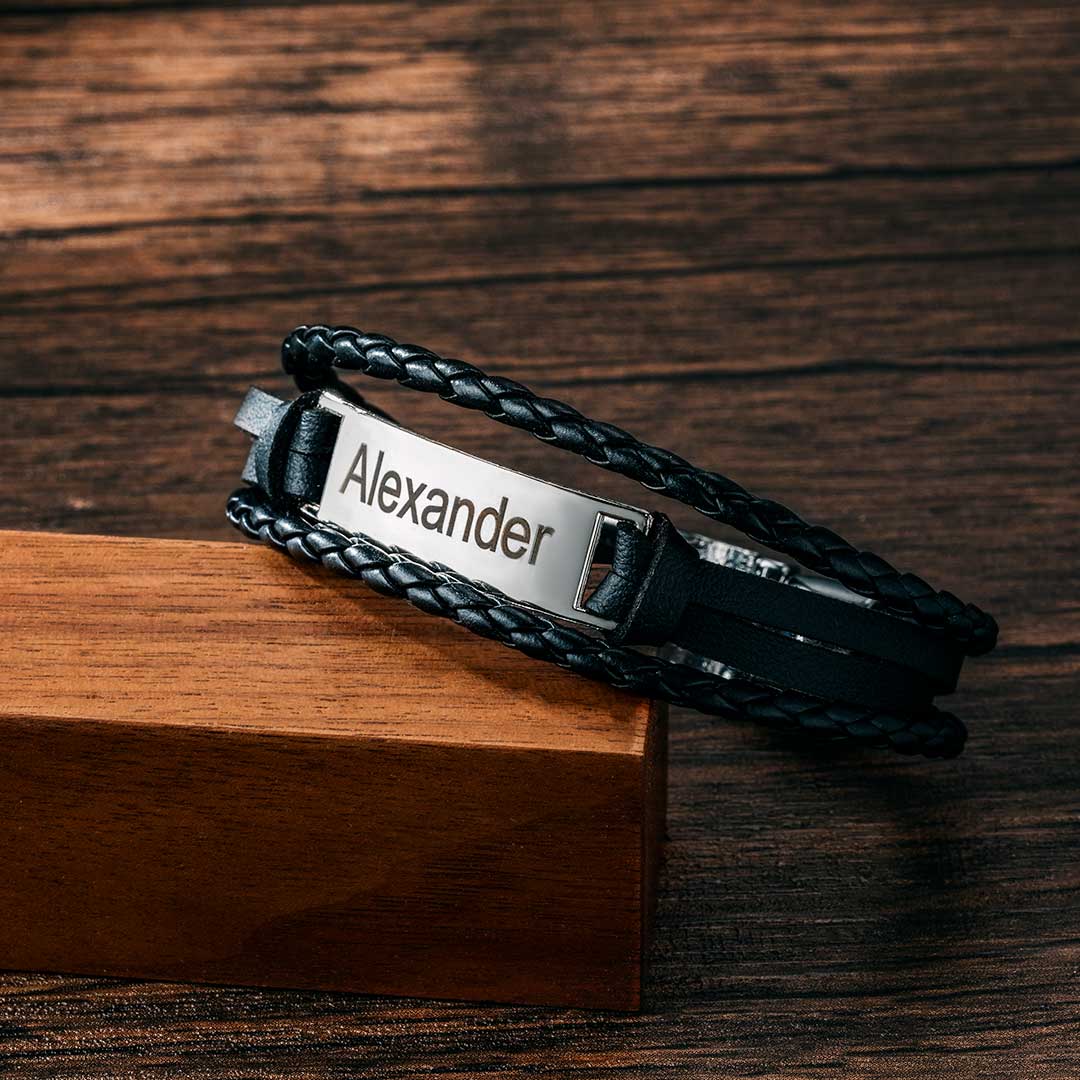 Bold Men's Personalized Engraved Bracelet In Braid Leather And Steel