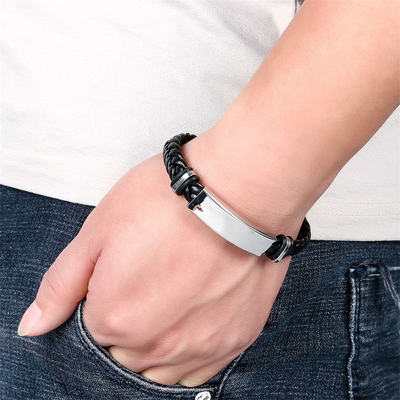 Street Luxury Men's Engraved Braid Leather Bracelet With Stainless Steel - Image 3
