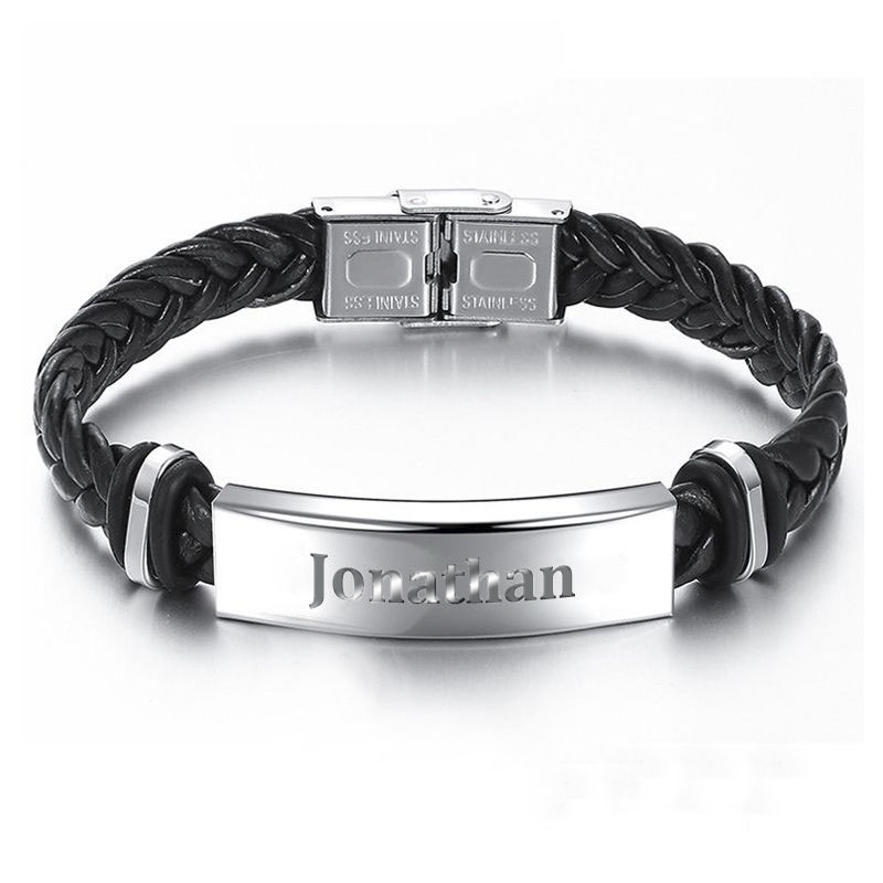 Street Luxury Men's Engraved Braid Leather Bracelet With Stainless Steel