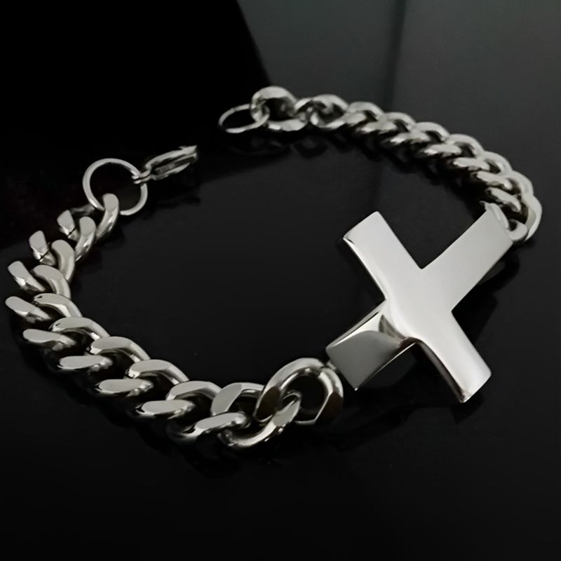 Men's Personalized Engraved Cross Cuban Bracelet In Gold With Gold Shine - Image 3