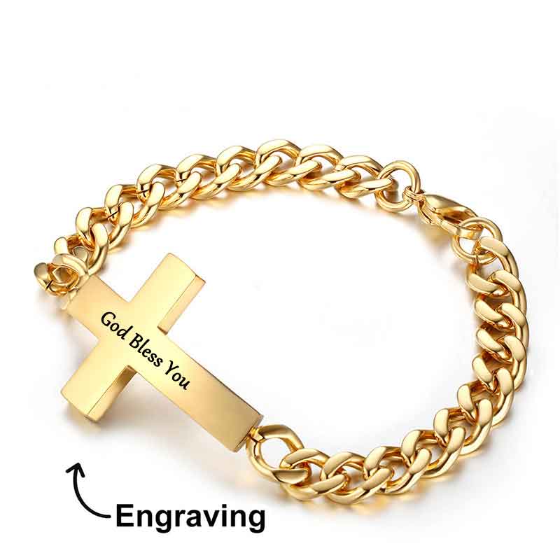 Men's Personalized Engraved Cross Cuban Bracelet In Gold With Gold Shine - Image 4