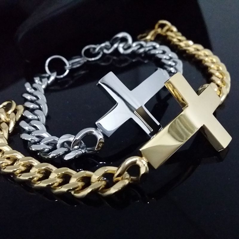 Men's Personalized Engraved Cross Cuban Bracelet In Gold With Gold Shine - Image 5