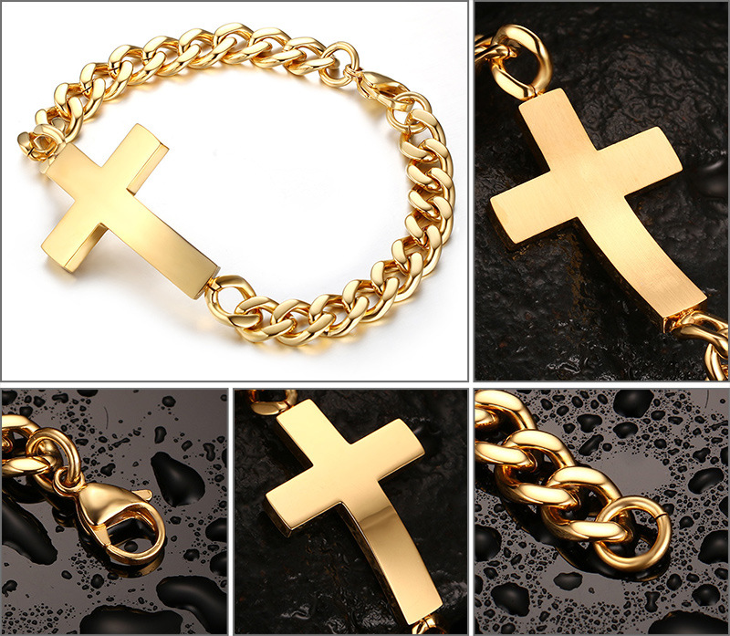 Men's Personalized Engraved Cross Cuban Bracelet In Gold With Gold Shine - Image 6