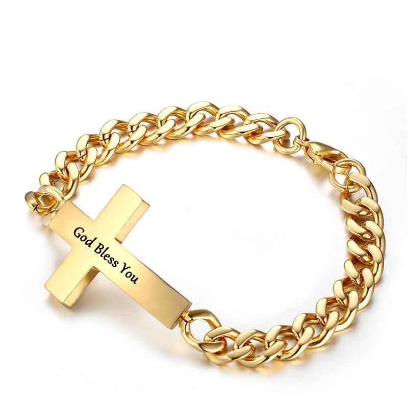 Men's Personalized Engraved Cross Cuban Bracelet In Gold With Gold Shine